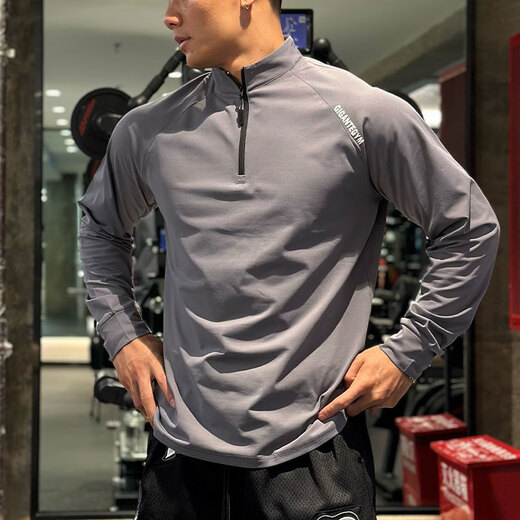 OLOEY fitness long-sleeved men's loose elastic half-zip sports t-shirt American running spring and autumn basketball training cycling jersey carbon gray M