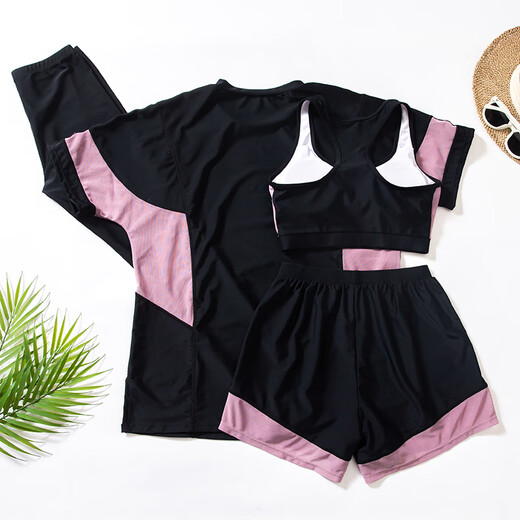 Kebo large-size swimsuit women 200 Jin [Jin equals 0.5 kg] Hot spring split conservative sun protection trousers jellyfish diving suit sports suit swimsuit black and purple four-piece set 5XL
