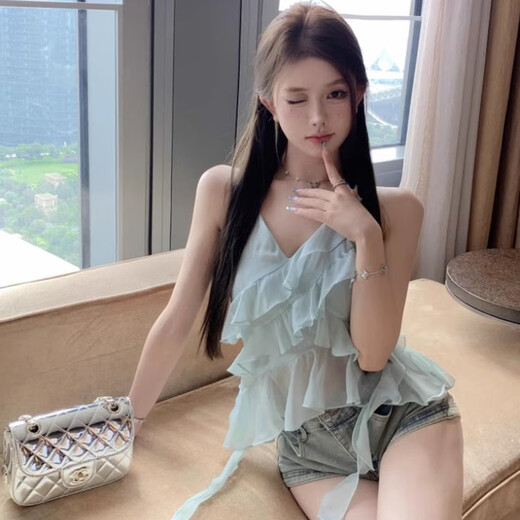 韫舜蓝色荷叶边挂脖吊带小背心女夏季修身不规则绝美纯欲短款上衣外穿 吊带小背心【M颜色偏绿】