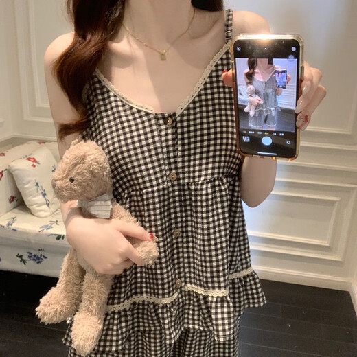 梦鸾韩版吊带睡衣女士夏季带胸垫可外穿甜美波点背心套装高级感家居服 T1502 吊带格子 M