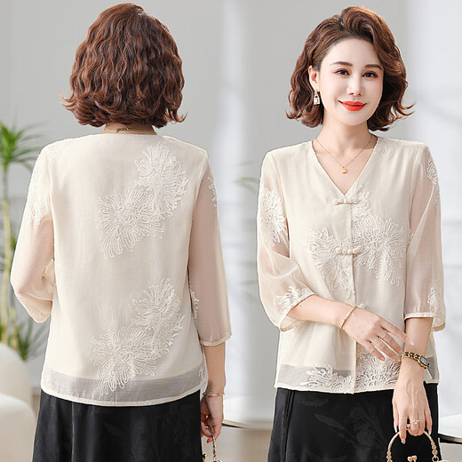 
Yu Zhaolin (YUZHAOLIN) Mother's Day Gift Mom Summer Clothing New Chinese Style Set of Pride Lady New Middle-aged and Elderly Top Chiffon Shirt 829 Beige Top XL Recommended 105 Jin [Jin equals 0.5 kg] or less