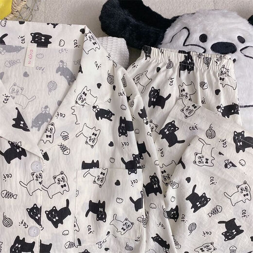 荣西图（RONGXITU）春秋季云朵棉猫咪睡衣女长袖日系可爱家居服套装 826#黑白猫 175 L