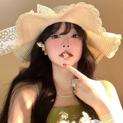 U&MUDI法式蕾丝蝴蝶结草帽女夏海边沙滩波浪边大帽檐太阳帽遮阳防晒帽子 米色蕾丝 均码