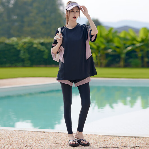 Kebo large-size swimsuit women 200 Jin [Jin equals 0.5 kg] Hot spring split conservative sun protection trousers jellyfish diving suit sports suit swimsuit black and purple four-piece set 5XL
