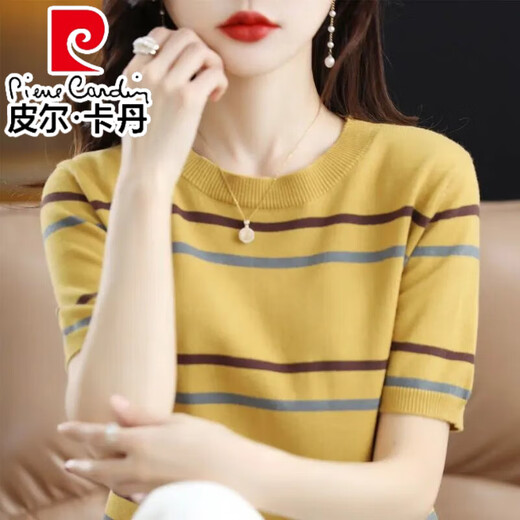 皮尔卡丹（pierre cardin）条纹短袖T恤女百搭2025夏季新款拼色圆领冰丝针织衫半袖短款上衣 761#草莓粉 S 建议90斤以内