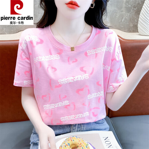 Pier Cardin pure. Cotton pink short-sleeved T-shirt for women's letter printing design versatile new loose summer niche top 838# green S suitable for 80-99Jin [Jin equals 0.5 kg]