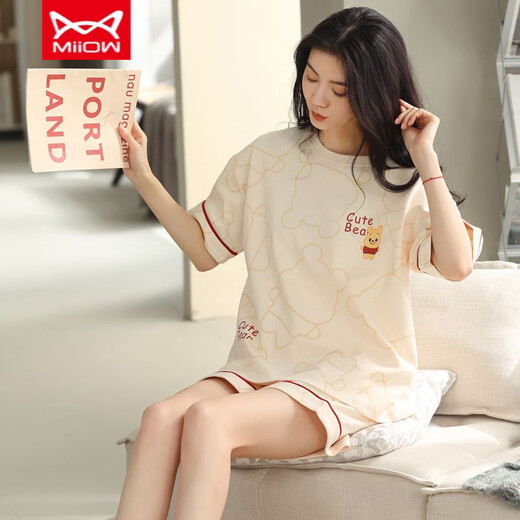 Catman Miiow Pajamas для женщин в летних чистых хлопковых шортах для женщин можно носить на внешнем новом наборе домашней одежды из чистого хлопка 9892 9860 м. Рекомендуется 75-90JIN [JIN равно 0,5 кг]
