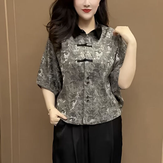 瓷袖广东普宁衬衫女2025新款中老年洋气中国风印花polo领中年妈妈夏季 银色-6636 L 建议95-105斤