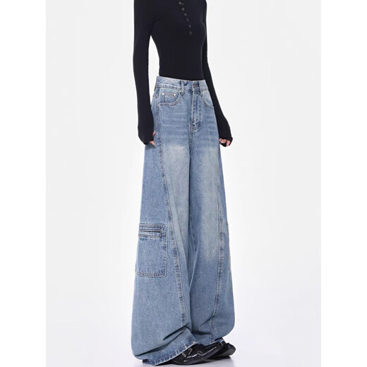 Gemas coloridas Azul Pantalones de piso de drapeado retro de jeans con ceño ancho de caña ancha