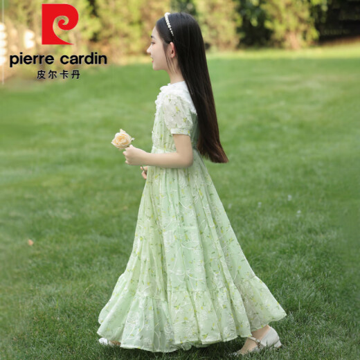 皮尔卡丹（pierre cardin）女童连衣裙夏装2025新款洋气儿童雪纺碎花裙薄款大童夏天棉布裙子 6630绿色 赠珍珠发箍 M 120c