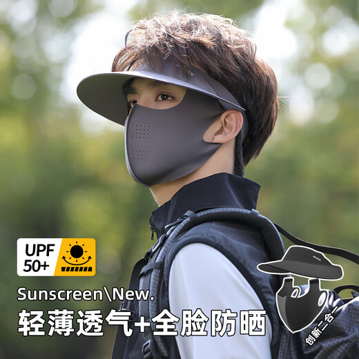 目丸遮全脸防晒面罩女防紫外线冰丝口罩脸基尼骑行男遮阳帽子一体夏季 深黛灰—全脸短款（礼盒二合一）