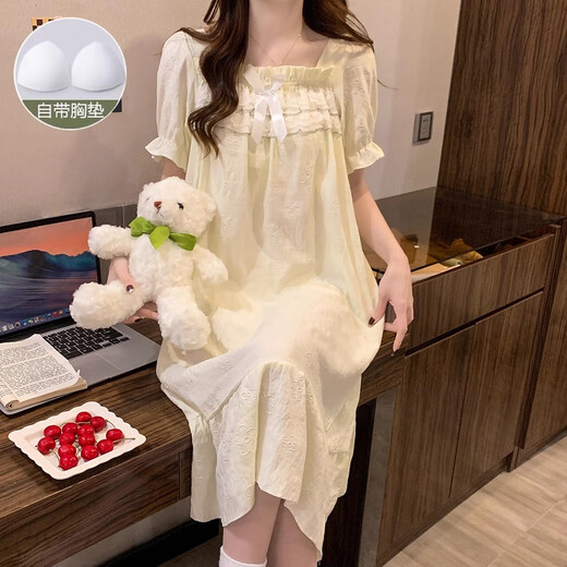 
Xiangyaxin summer chest pad short-sleeved nightgown for women woven cotton 2024 new summer sweet princess style home clothes pajama thin 9901-1 striped bear L