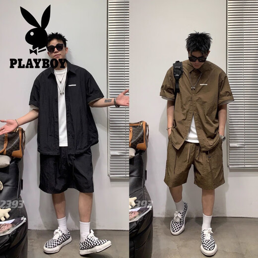 花花公子（PLAYBOY）潮流休闲运动套装男夏季凉感宽松简约翻领衬衫短袖短裤薄款两件套 9015衬衫黑色+6622短裤黑色 2XL 150-170斤