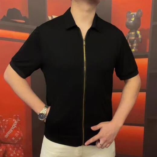 尔煦天骏百货男翻领开衫拉链款短袖商务休闲休闲百搭高品质半袖OP3889 黑色 M 48 (100-125斤)