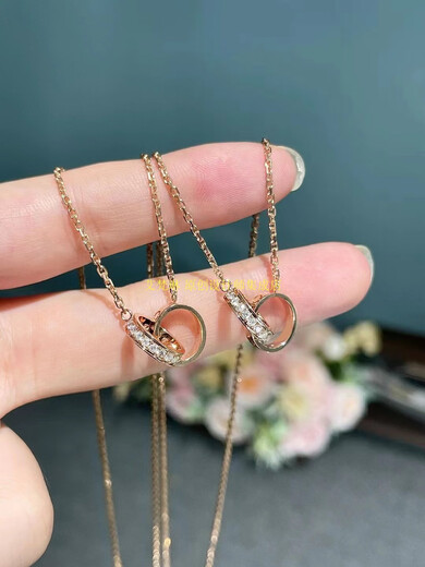 Huaiyin 18k rose gold double ring necklace for women platinum ring cake with diamonds pendant small cake clavicle chain au750 jewelry double ring with diamonds