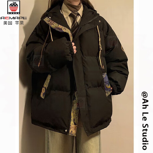 AEMAPE复古冬季棉服男女小熊提花拼接连帽外套潮牌加厚保暖男生外套冬季 M6636驼色 (三条杠棉服) M [推荐:90-110斤左右]