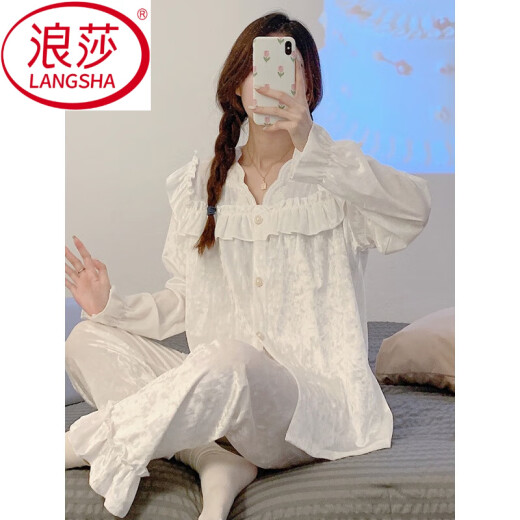 Langsha Princess Pajamas manga larga para mujeres 2024 primavera, otoño e invierno Nuevo terciopelo dorado de la franela engrosada de la ropa del hogar 9926ba V. Collar encaje blanco. METRO