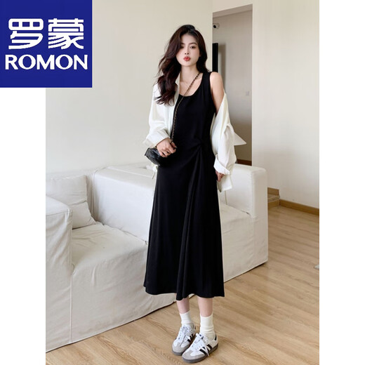 罗蒙（ROMON）小众简约夏装设计感遮肚衬衫防晒外套加背心裙两件套中长款连衣裙 米杏色衬衫+黑色裙子【两件套】 M 80-100斤