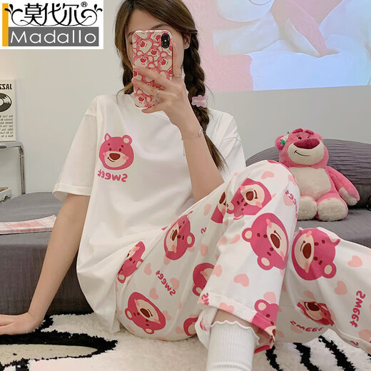 莫代尔睡衣女款纯棉夏季短袖长裤夏天薄款夏款玉桂狗春秋可爱家居服套装 JZM6625爱心 XL 建议110-130斤