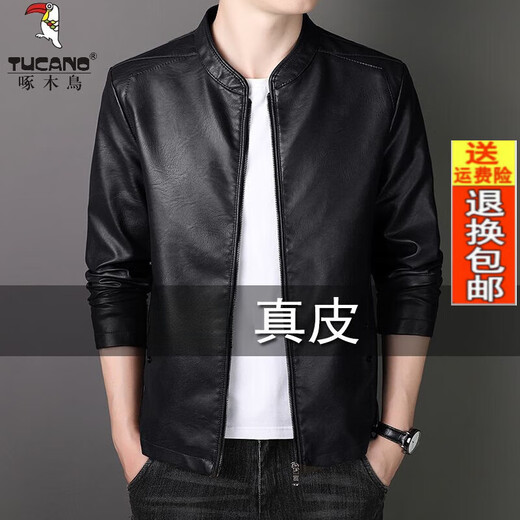 Woodpecker (TUCANO) men's brand high-end official 2025 new Haining genuine leather jacket men's slim-fit stand-up collar goatskin jacket casual pure black strong and soft spring and autumn style XL 180 recommended 125-140 Jin Jin equals 0.5 kg