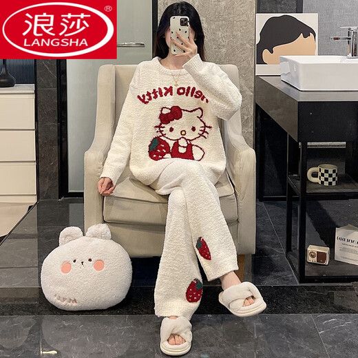 浪莎（LangSha）睡衣女秋冬季软绵绵半边绒珊瑚绒加厚2024新款kt猫大码家居服套装 TX-9901-白色 均码 (80-140斤)