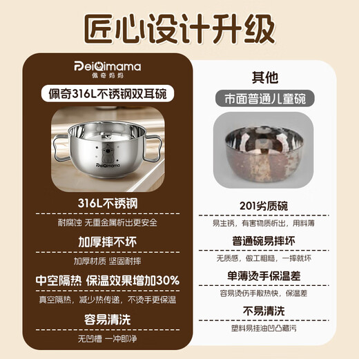佩奇妈妈儿童不锈钢辅食碗儿童316不锈钢吃饭碗3-6-12岁宝宝儿童吃饭餐具