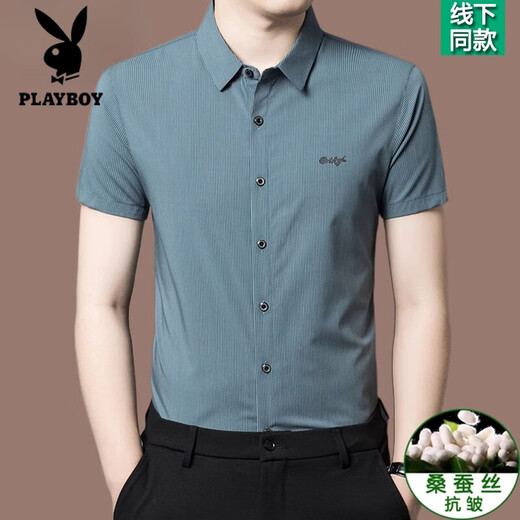 花花公子（PLAYBOY）高档男士桑蚕丝条纹短袖衬衫2025夏季新款商务休闲薄款衬衣男 深灰色【2603款】 4XL 190【建议180-200斤】
