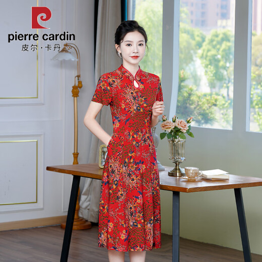 Pier Cardin Cheongsam for women mid-length summer women's clothing 2025 new middle-aged mother's short-sleeved cheongsam skirt improved retro dress 698 purple 3XL Recommended 125-136Jin [Jin equals 0.5 kg]