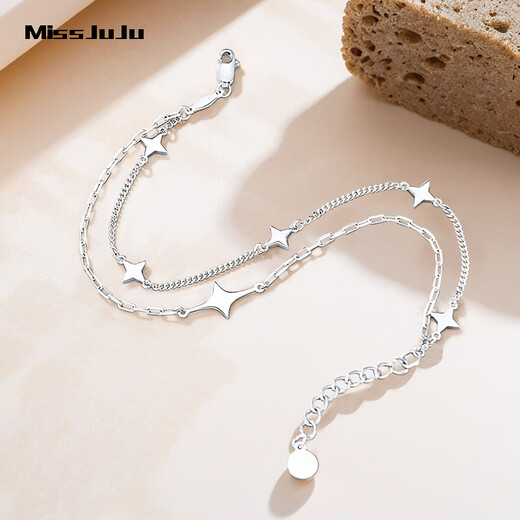 Miss JuJu pt950 platinum double layer bracelet platinum lucky star pendant bracelet new AB chain body weight 5.6-5.8g length 16+2cm