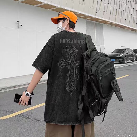 
MCOMKER Washed Old Cotton Short Sleeve T-shirt Men's Summer Trendy Brand Casual Loose American Heavy T-shirt Printed Top 250g Pure Cotton Washed x1480-Black M