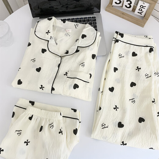 京濮飞卡通腊肠狗短袖睡衣女三件套棉纱布可爱家居服 云朵棉-9906#星星小狗三件套 M 【建议75-100斤】