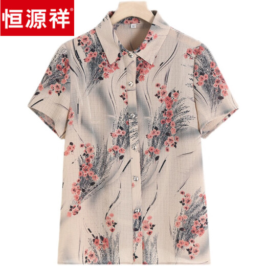 恒源祥妈妈夏装真丝短袖衬衫女洋气花色桑蚕丝T恤中老年宽松显瘦上衣 6625红色 2XL 建议100-110斤