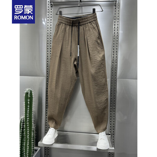 罗蒙（ROMON）2025夏季新款棉麻超薄透气垂感休闲裤男士潮流宽松褶皱哈伦萝卜裤 黑色 4XL 建议190210斤