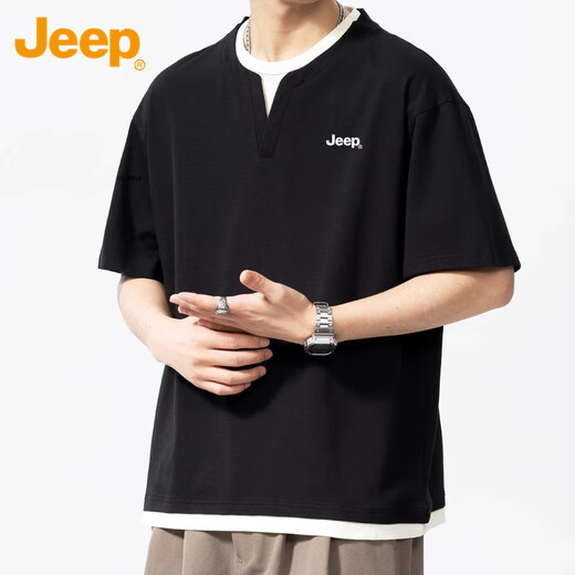 Jeep (JEEP) short-sleeved t-shirt men's summer henley collar waffle bottoming shirt fake two-piece high-end clothes men's black XL