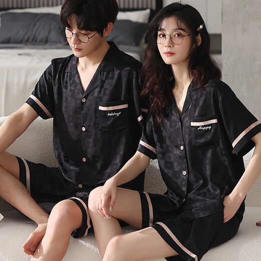浪莎（langsha）2套价 情侣睡衣冰丝短袖夏季女款家居服韩版宽松男士夏天套装 6218 M 男L+女