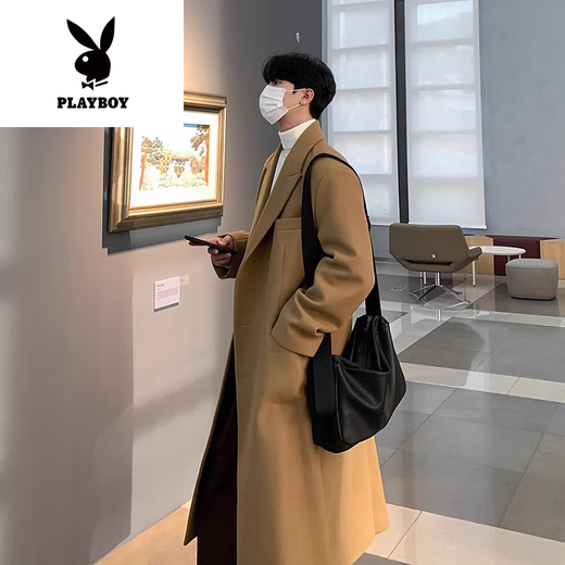 Playboy (Playboy) Осень и зимняя новая шерстяная шерсть для мужчин в среднем уровне с высоким уровнем колена высококачественной твидовой куртки корейская тренда Black Plus Plus Cotton L