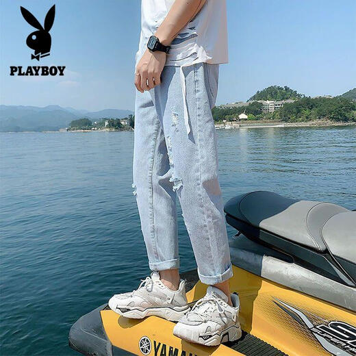 花花公子（PLAYBOY）裤子男学生韩版潮流破洞牛仔裤男宽松直筒夏季薄款九分裤秋季男裤 679/破洞款c M 【收藏优先发货】