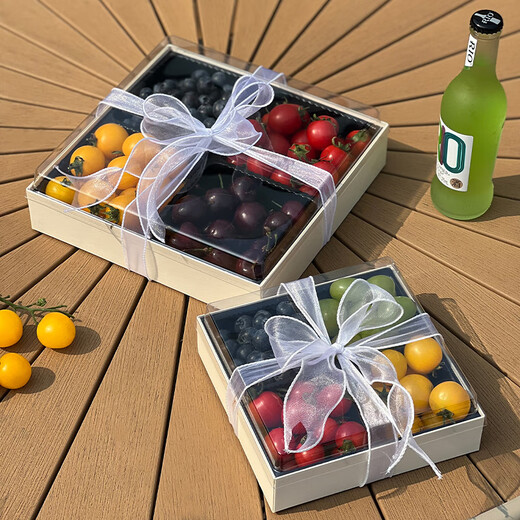 Le Xicong disposable fruit cutting packaging box dessert four-grid wooden paper high-end packaging box sushi sashimi packaging box four-grid wooden packaging box 18cm 10 pieces with ribbon