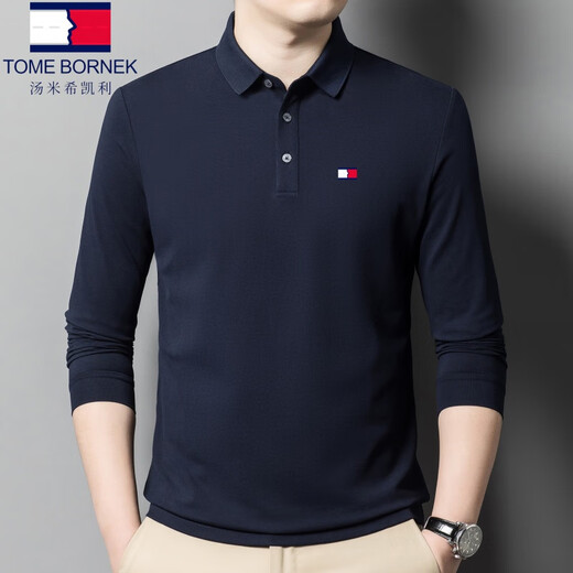 TOME BORNEK Tommy flagship model 2025 spring and autumn men's long-sleeved lapel T-shirt solid color middle-aged casual short-sleeved polo shirt sapphire blue long-sleeved 23239 4XL 195/58 recommended 185-200Jin Jin equals 0.5 kg