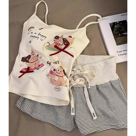 Schauen Sie sich auch niedlichen Welpendruck mit Brustpolster kleiner Hosenträger Pyjamas für Frauen im Sommer im Sommer Heiße Mädchen Weste Striped Shorts Home Clothing Set S2506 süßer Welpe festes Brustpolster M.