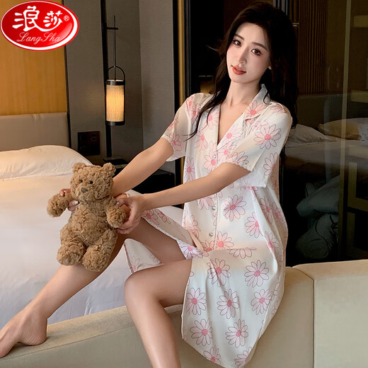 浪莎睡裙女士夏季短袖开衫睡衣性感薄款连衣裙夏天家居服 11969 均码 【80斤-135斤】