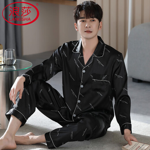 Langsha (Langsha) Frühlings- und Herbst-Pyjama-Männer mit langärmeligem Eis echte Seide, dünne Hauskleidung für Männer leichter Sommeranzug M6624 L [-140jin [Jin ist 0,5 kg]]]