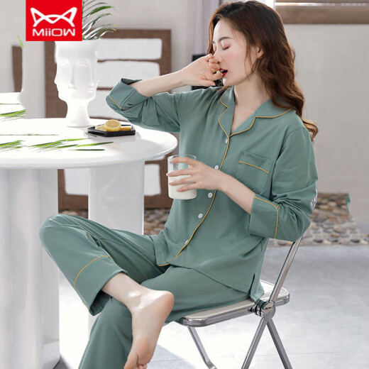 猫人（MiiOW）睡衣女士春秋款纯棉长袖秋季女式纯棉大码开衫秋冬薄款家居服套装 1105薰衣草紫 M 建议体重85-105斤