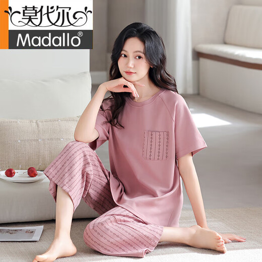 莫代尔睡衣女夏季2025年新款莫代尔棉夏天女士短袖七分裤家居服 DM:13803米杏色 XL
