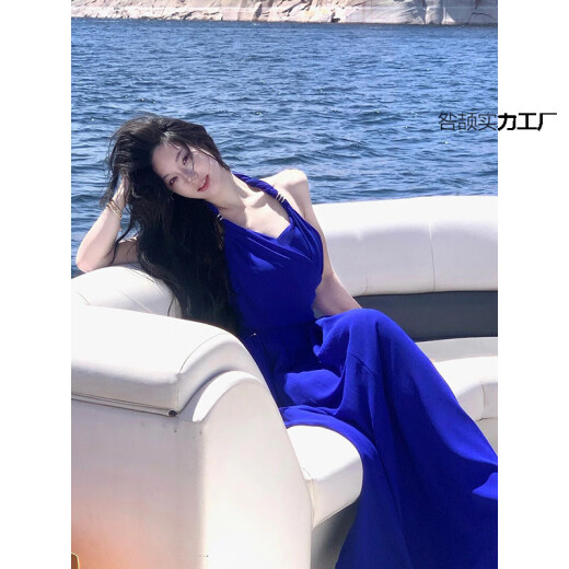 XCFREHT【现货】蓝色挂脖吊带连衣裙女2025夏季名媛礼服裙感轻奢长裙 挂脖蓝色连衣裙 【面料】 M 建议96-105左右穿