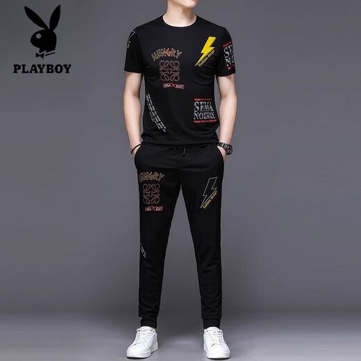 
Playboy high-end summer short-sleeved suit men's mulberry silk screen printed T-shirt fashion Korean style fashion casual sports two-piece set 9227 black 4XL 190