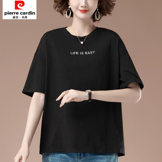 酷章（KUZHANG）加肥加大码夏季新款宽松刺绣短袖t恤女中年妈妈休闲棉上衣体恤 9889黑色 L  100-115斤