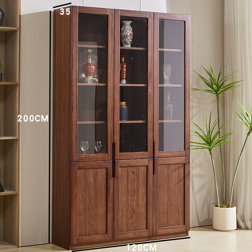 Yuanlin beam solid wood bookcase study room with glass door bookshelf wall storage rack walnut storage cabinet new Chinese display cabinet 120-33-200cm walnut bookcase