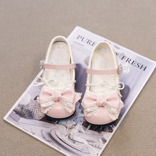 Girls' small leather shoes, children's shoes, princess shoes, spring and summer new little girl high heels, Lolita style shoes, white DDX302 milk puff rice 30, inner length 19.0CM
