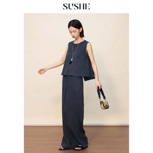 SUSHE Lingjian ethnic style embroidered sleeveless top drape skirt loose straight pants suit women summer Cenlan-top M